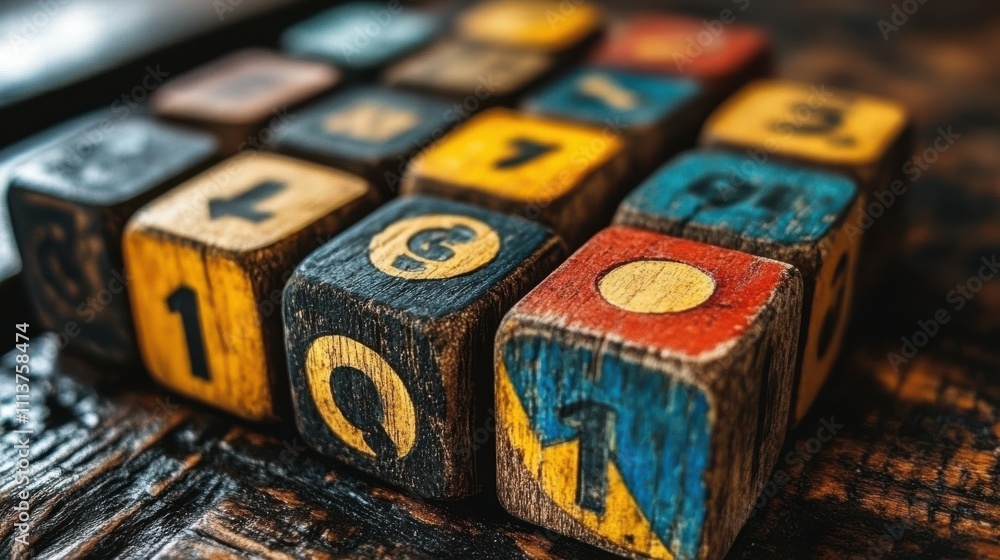 Poster wooden cubes with a kpi word and icons key performance indicator kpi business goals performance chec