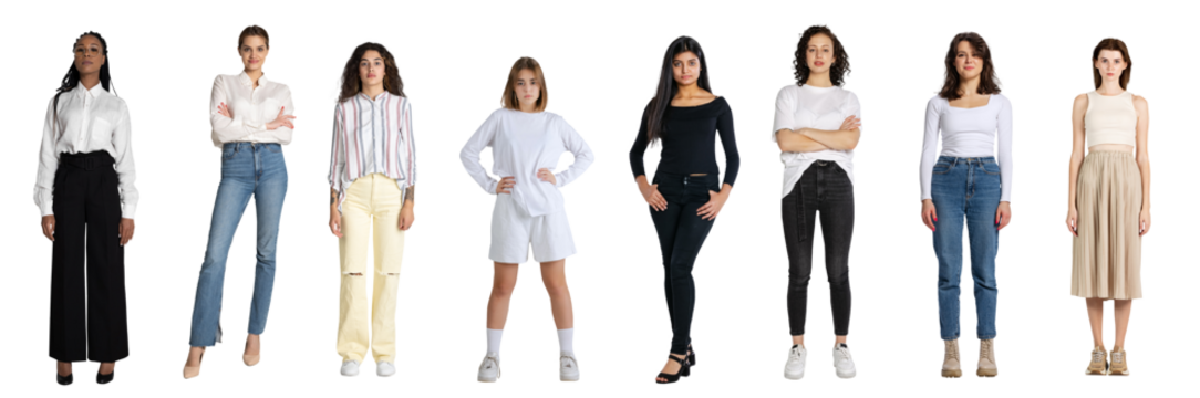 Group of different, multiethnic women in different clothes, standing isolated on transparent background. Concept of lifestyle, fashion, diversity, human rights, beauty, equality