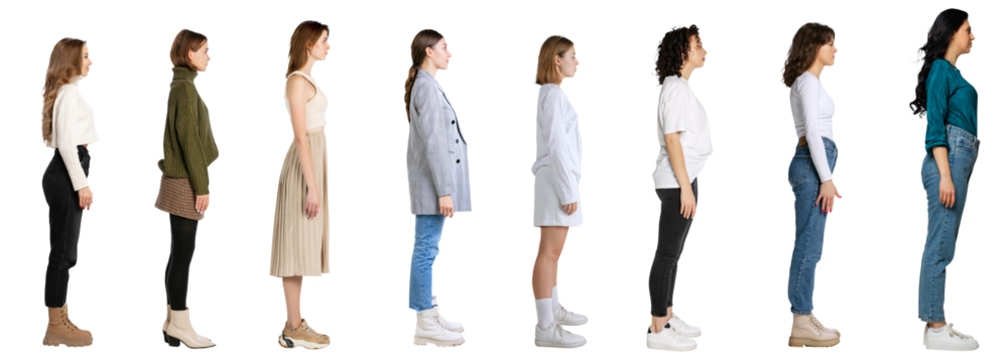 Profile view of young women standing in front of each other, wearing different clothes, isolated on transparent background. Concept of lifestyle, fashion, diversity, human rights, beauty, equality