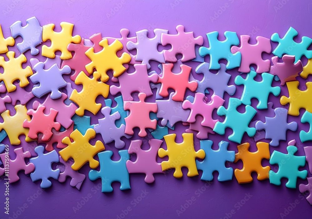 Poster an image of puzzle pieces scattered on a purple background, representing the concepts of teamwork, c