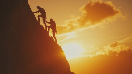 Two climbers silhouetted against a vibrant sunset, assisting each other up a steep rock face.