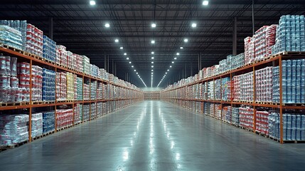 Fototapeta premium Vast warehouse interior with rows of high stacked pallets of goods.
