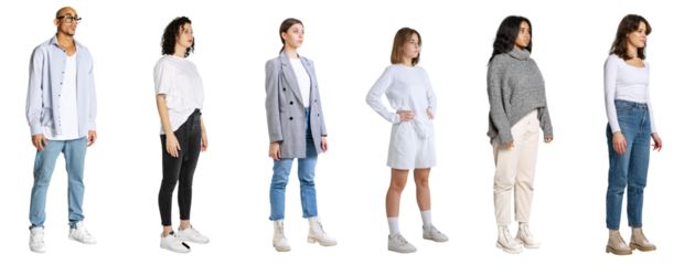 Six young people, man and women wearing casual style clothes, standing isolated on transparent background. Concept of lifestyle, fashion, diversity, human rights, equality