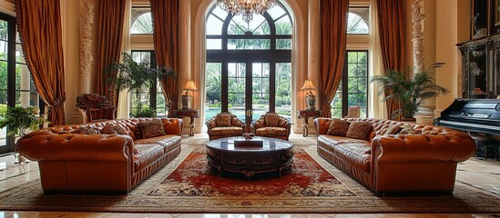 Obraz premium Luxurious living room with leather sofas, ornate rug, and large windows overlooking a pool.