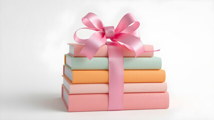 Obraz premium Stack of colorful books with pink ribbon on white background.