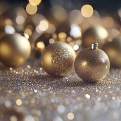 Sparkling Gold Christmas Ornaments on Glitter Background