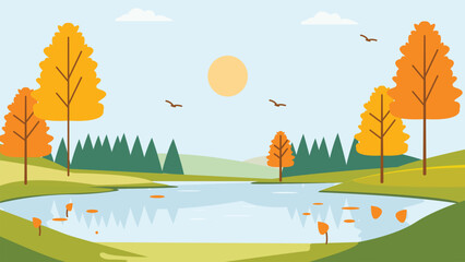 River Lake Nature Landscape with Sun in Bright Sky in Autumn Fall Season