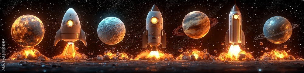 Poster inventive alien spacecraft, ufos, robotic spaceships, and computer game graphics, isolated on a deep