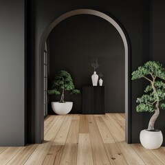 Modern minimalist interior with arched doorway. wooden floors. potted bonsai trees. and white vases