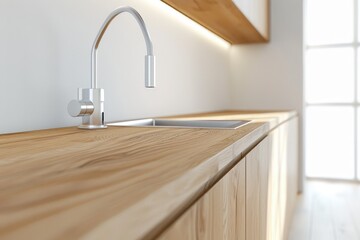 Modern kitchen sink with wooden counter top and stainless steel faucet