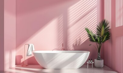 Minimalist bathroom with a pink wall. a white bathtub. and a potted plant