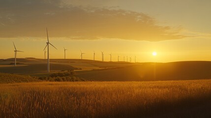 Obraz premium Wind turbines in a golden sunset landscape