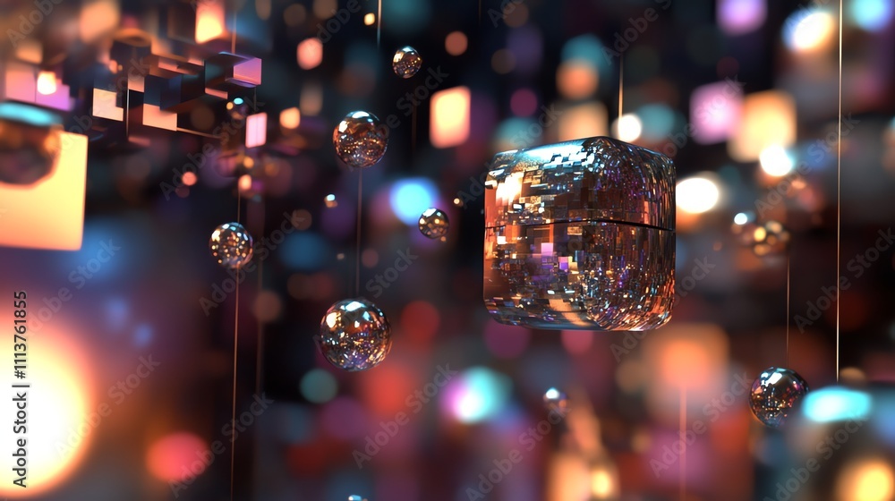 Poster abstract 3d background with glowing orbs and metallic geometric shapes.