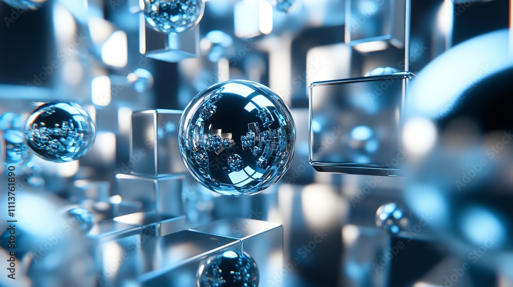 Poster a collection of shiny, metallic spheres and cubes, reflecting light and creating an abstract design.