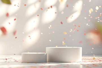 Luxury background for branding and product presentation. pink  color podium with confetti and bokeh, festive holdiay advert concept..