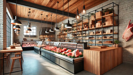 Modern butcher shop interior featuring fresh meat displayed in glass cases, wooden counters, and stylish industrial lighting for a clean, inviting setting