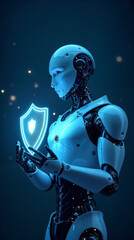 Naklejka premium The robot holds a glowing shield symbolizing cybersecurity and protection