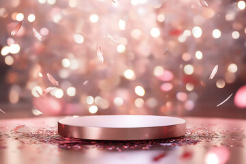 Luxury background for branding and product presentation. pink  color podium with confetti and bokeh, festive holdiay advert concept...