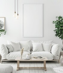 White living room with a couch. coffee table. and a large framed canvas