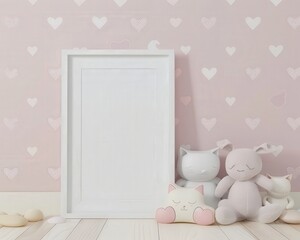 White frame mockup with stuffed animals on pink heart patterned wall