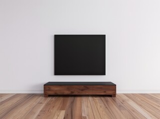 A modern living room interior with a black television mounted on a white wall above a dark wood entertainment center