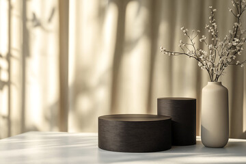 set of Luxuries podiums for branding and product presentation. Natural color podiums, copyspace, natural lighting with shadows