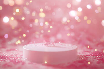 Luxury background for branding and product presentation. pink  color podium with confetti and bokeh, festive holdiay advert concept, 14 February