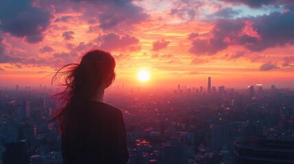 Fototapeta premium Young Woman Gazing at Vibrant City Skyline at Sunset