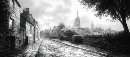 Cobblestone street leads to historic town with church spires under cloudy sky.