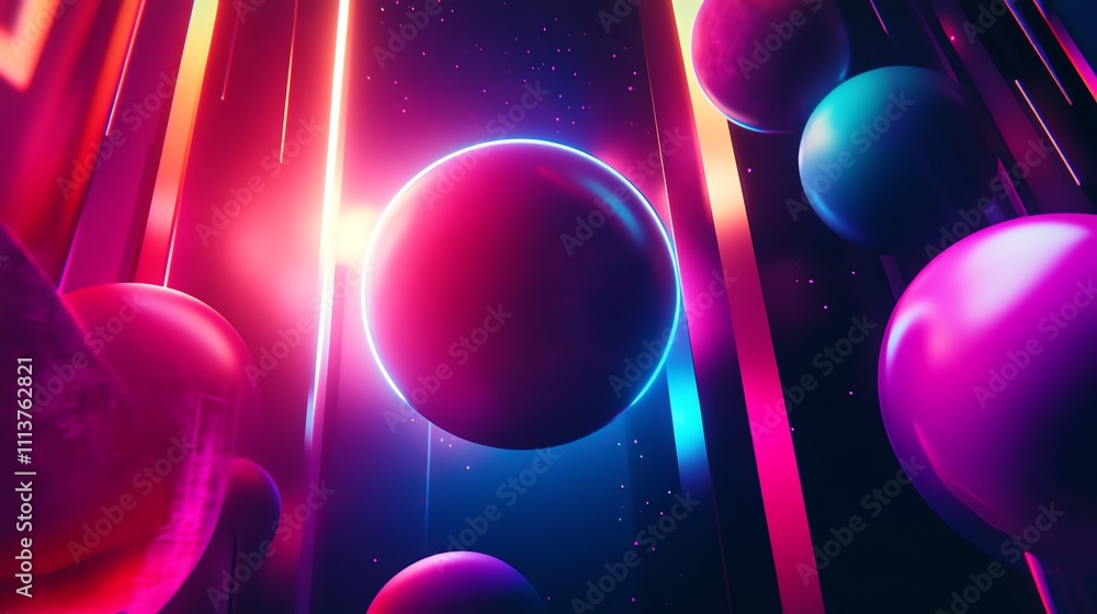 Poster abstract 3d render with glowing orbs and neon lights.