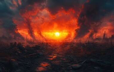 Desolate Battlefield at Dusk with Scattered Weapons and Armor under Ominous Clouds and Golden Light