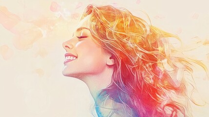 Dreamy Portrait of a Young Woman with Flowing Hair and Soft Colors