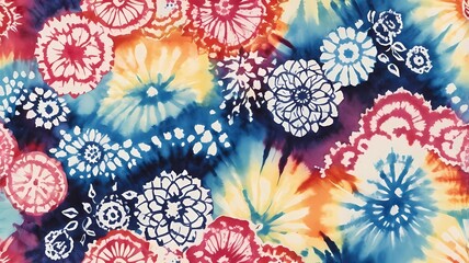 Colorful tie dye shibori print. Seamless hand drawn boho batik pattern. Ink textured japanese background. Modern batik wallpaper tile. Watercolor pattern for fabric, clothes, wallpaper. Ethnic design.