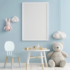 Blank white picture frame mockup in a blue children s playroom with a small table. chair. stuffed animals. and cloud wall decorations