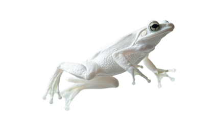 A white frog with distinct features and webbed feet positioned elegantly.