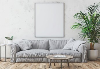 A gray couch sits in front of a white wall with a blank framed poster above it A potted plant sits to the right of the couch. with a coffee table between the couch and the plant