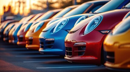 Fototapeta premium Colorful Cars Lined Up in a Parking Lot at Sunset