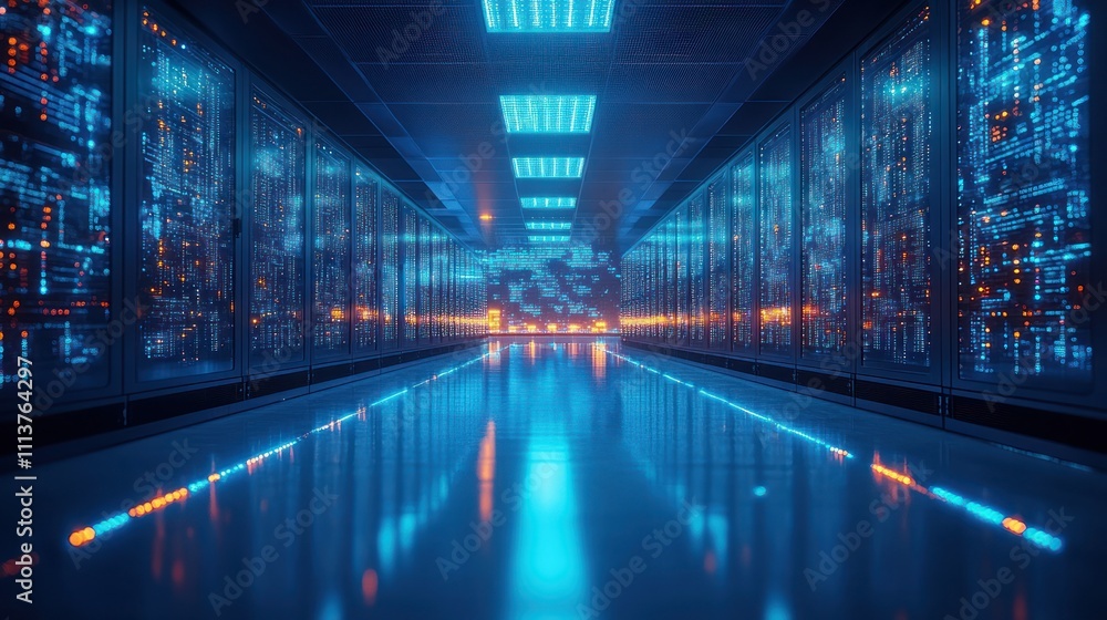 Poster futuristic server room with glowing data streams on racks.