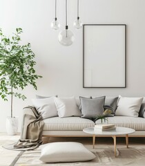 Modern living room with white sofa. throw pillows. a blanket. a coffee table. and a potted plant