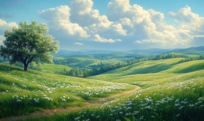 Obraz premium Rolling green hills under a bright blue sky with fluffy clouds and a solitary tree in an impressionist landscape