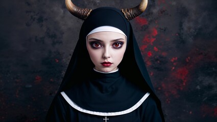 Haunting Portrait of a Gothic Nun with Horns and Black Eyeliner