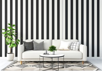A white couch with pillows sits in front of a black and white striped wall A patterned rug. a coffee table. and plants complete the scene