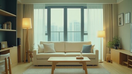 Modern apartment living room with beige sofa and city view