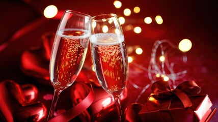 Romantic champagne glasses with hearts gift box and lights