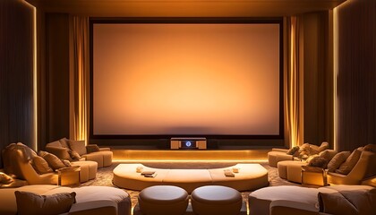 Plush seating in a luxury home cinema, illuminated by warm, soft lighting, with a large projector screen creating a high-end theater experience.