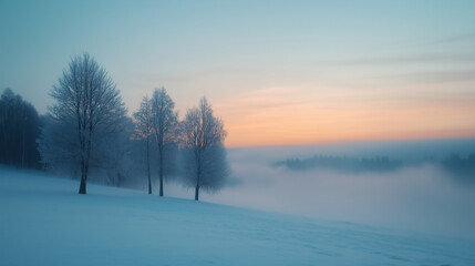 Obraz premium serene winter landscape featuring frosty trees against misty background at dawn. soft colors of sky create tranquil atmosphere.