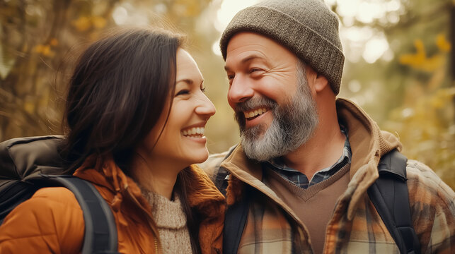 A happy middle-aged couple enjoys a hiking adventure in a lush forest, smiling brightly with backpacks, embracing nature, and celebrating an active, outdoor lifestyle.
