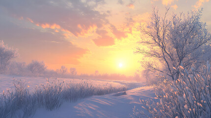 Frosty winter landscape with trees on the meadow at sunset, Breathtaking panoramic view of snow-covered field after a blizzard. Lapland, Finland, Sunset, setting sun, golden light, Winter wonderland
