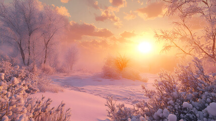 Frosty winter landscape with trees on the meadow at sunset, Breathtaking panoramic view of snow-covered field after a blizzard. Lapland, Finland, Sunset, setting sun, golden light, Winter wonderland
