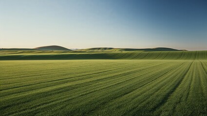 Obraz premium landscape photograph featuring a vast, open field of lush green grass in the foreground, extending towards the horizon.